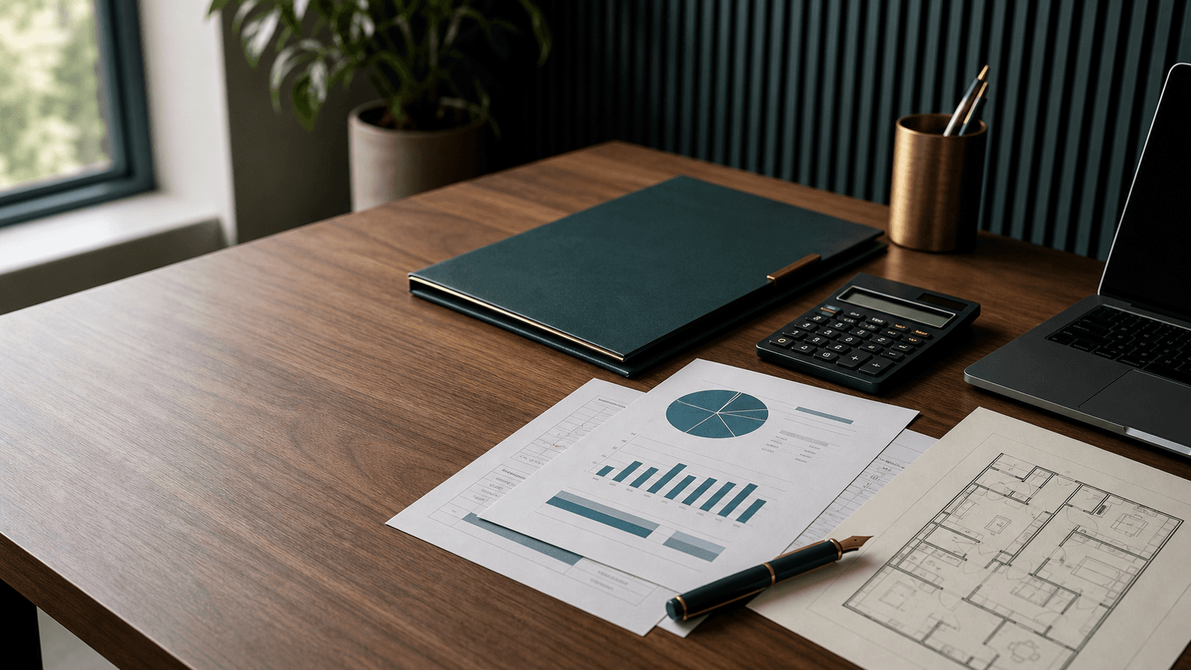 Professional dental-practice valuation workspace with financial documents, a calculator, and a pen